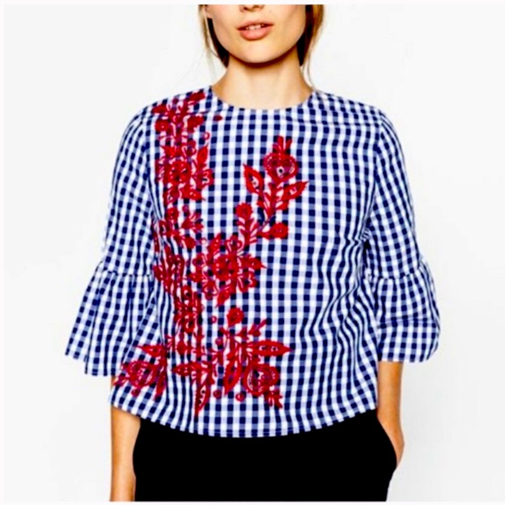 August Silk Gingham Bell Sleeve Top, sz Medium